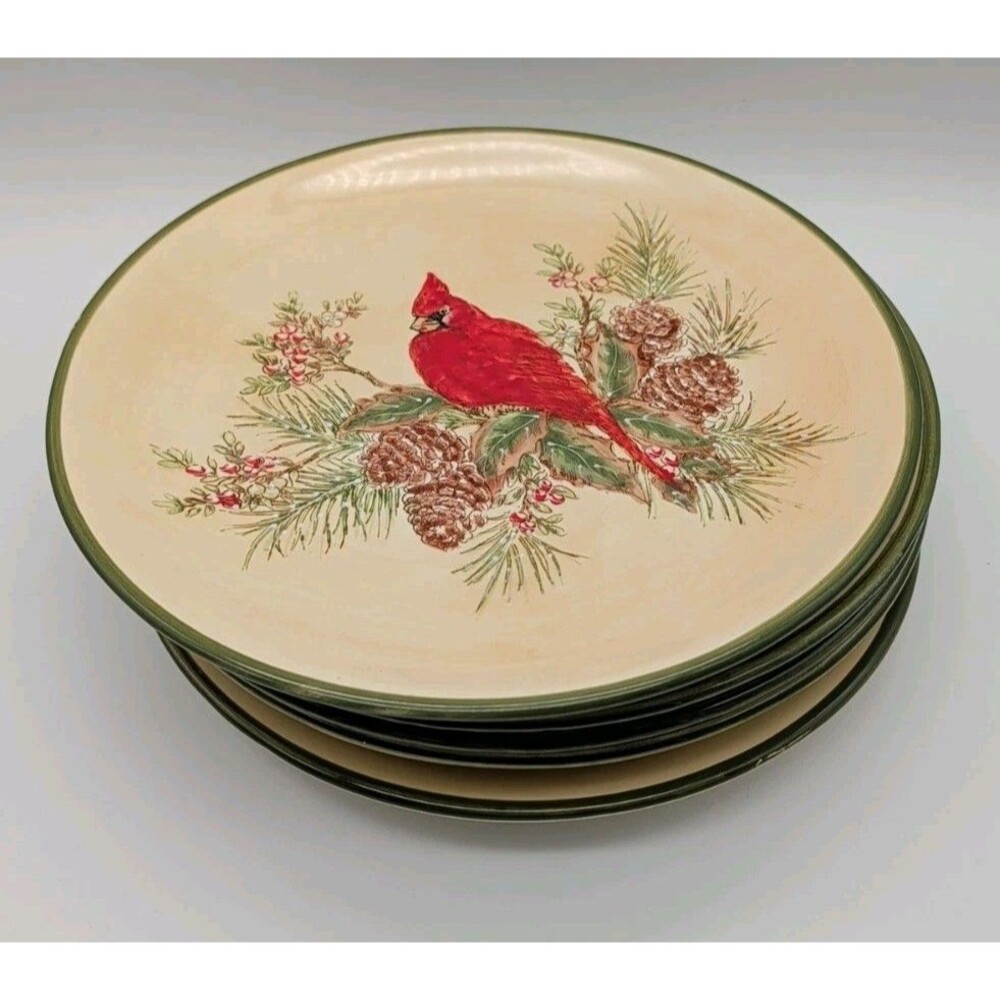 5 Pacific Rim Cardinal Dinner Plates Pine Boughs Cones Holly Berries Winter